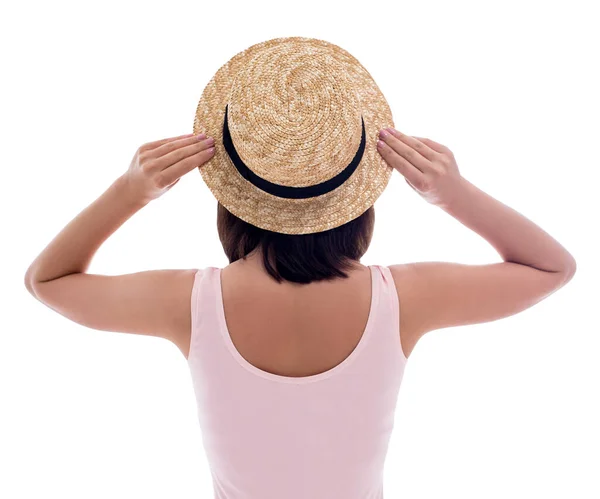 Back View Young Woman Pink Swimsuit Straw Hat Isolated White — Stock Photo, Image