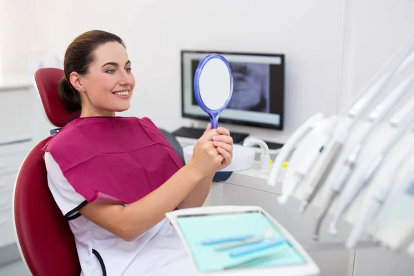 Portrait Cheerful Woman Looking Her Teeth Dental Clinic — Stock Photo, Image