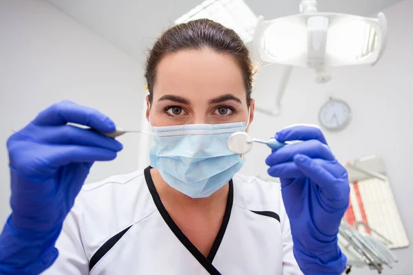 Close Portrait Female Dentist Working Modern Clinic — Stock Photo, Image