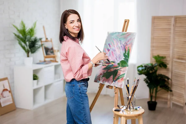 Art Creativity Inspiration Concept Beautiful Woman Artist Painting Home Studio — Stock Photo, Image