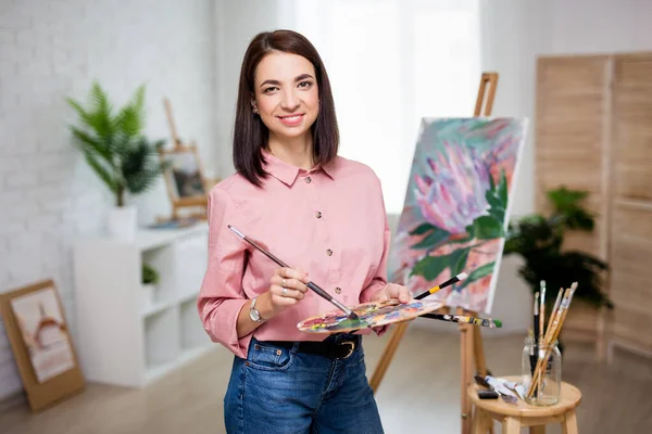 Art Creativity Inspiration Concept Portrait Beautiful Woman Artist Painting Home — Stock Photo, Image