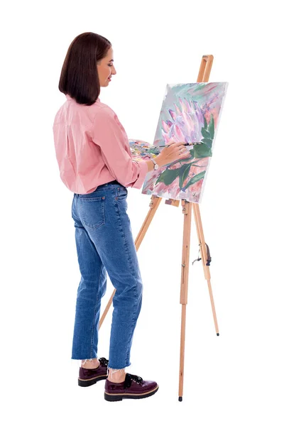 Full Length Back View Young Woman Artist Easel Palette Paint — Stock Photo, Image