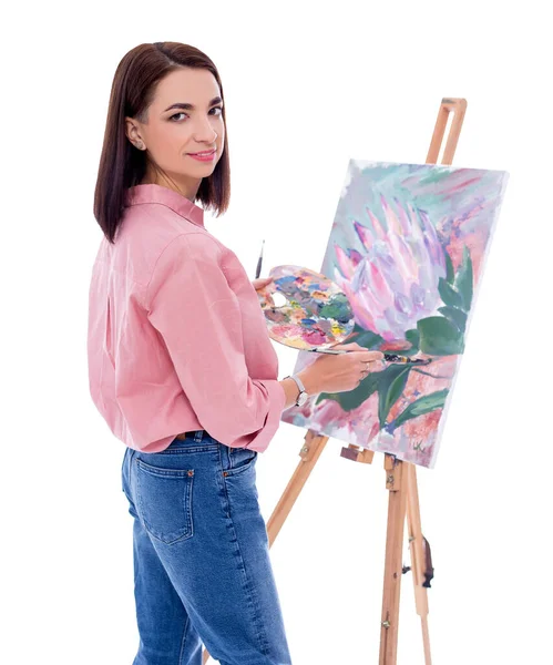 Young Woman Artist Easel Palette Paint Brush Painting Picture Isolated — Stock Photo, Image
