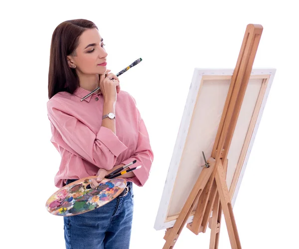 Young Beautiful Woman Artist Easel Palette Paint Brush Painting Picture — Stock Photo, Image