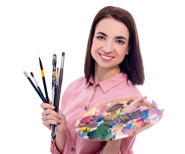 Portrait Young Beautiful Woman Artist Palette Paint Brush Isolated White — Stock Photo, Image