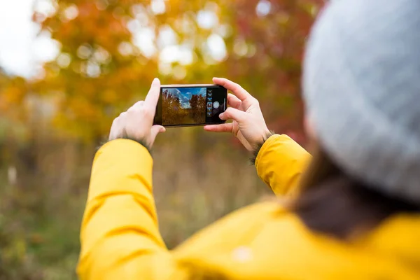 Modern Akıllı Telefonu Kapat Güzel Sonbahar Ormanlarının Fotoğraflarını Çek — Stok fotoğraf