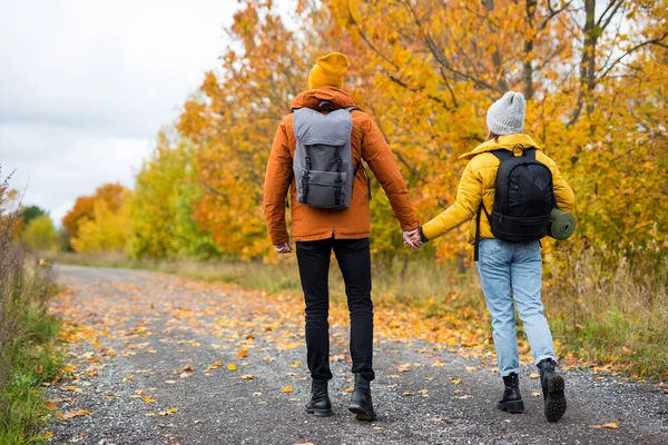 Back View Couple Hikers Backpacks Hiking Autumn Forest — Stock Photo, Image
