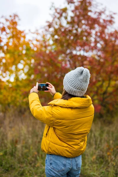 Genç Bir Kadının Sonbahar Ormanında Akıllı Telefonuyla Fotoğraf Çekmesini Arka — Stok fotoğraf