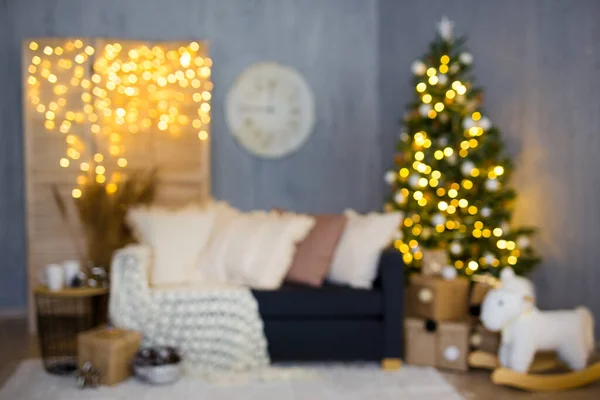 Christmas New Year Background Blurred Decorated Living Room Christmas Tree — Stock Photo, Image