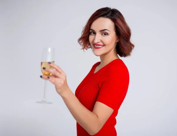 Nieuwjaar Concept Portret Van Jonge Vrouw Poseren Met Glas Champagne — Stockfoto