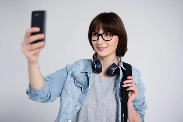 Portrait Smiling Teenage Girl Student Braces Teeth Taking Selfie Photo — Stock Photo, Image