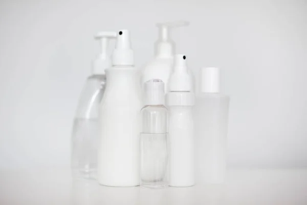 Many Different Hand Sanitizer Bottles White Background — Stock Photo, Image