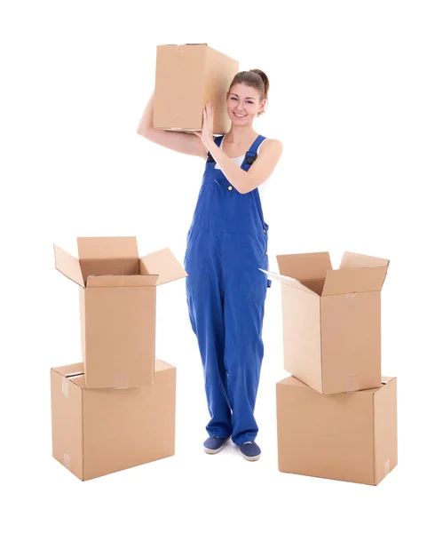 Mujer Atractiva Joven Ropa Trabajo Azul Con Cajas Cartón Aisladas —  Fotos de Stock