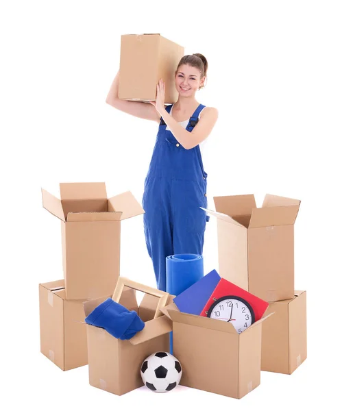 Moving Day Concept Νέα Ελκυστική Γυναίκα Μπλε Ρούχα Εργασίας Χάρτινα — Φωτογραφία Αρχείου