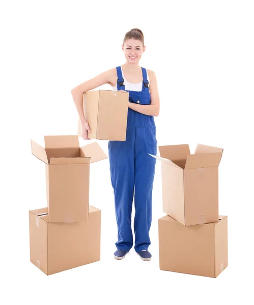 Moving Day Concept Jonge Aantrekkelijke Vrouw Werkkleding Met Kartonnen Dozen — Stockfoto
