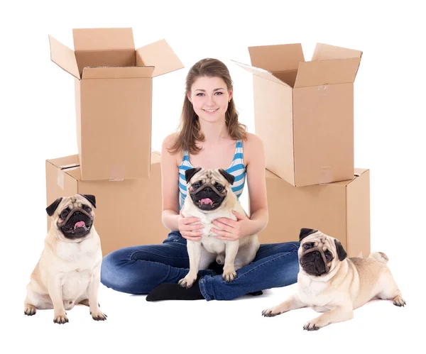 Jovem Mulher Com Caixas Papelão Marrom Cachorros Pug Bonito Isolado — Fotografia de Stock