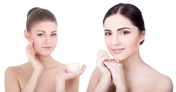 Beauty Skin Care Concept Young Beautiful Smiling Women Cream Bottle — Stock Photo, Image