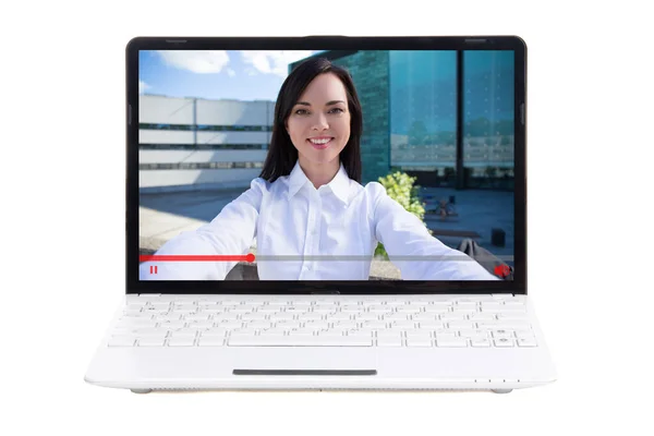 Video Blog Concept Laptop Young Woman Screen Isolated White Background — Stock Photo, Image