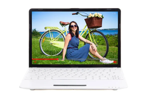 Travel Blog Concept Beautiful Girl Bicycle Talking Something Laptop Screen — Stock Photo, Image