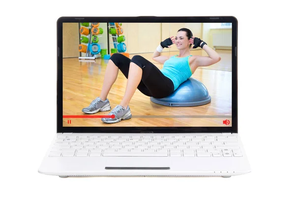 Sport Blog Concept Cheerful Woman Showing Her Training Gym Online — Stock Photo, Image