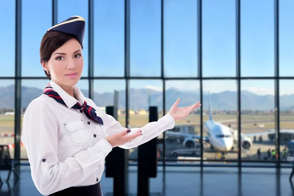 Zomer Vakantie Reizen Concept Welkom Aan Boord Jonge Mooie Stewardess — Stockfoto