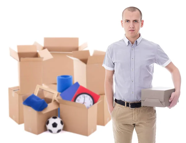 Conceito Dia Movimento Homem Com Caixas Papelão Marrom Com Coisas — Fotografia de Stock