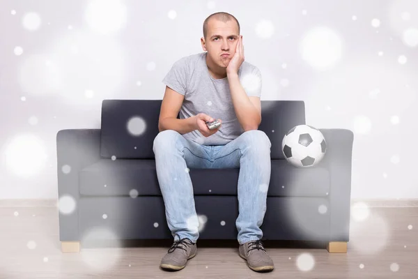 Bored Soccer Fan Ball Watching Game Home — Stock Photo, Image