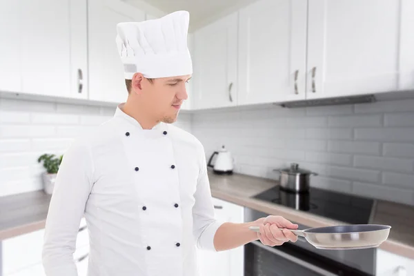 Portrait Young Handsome Man Chef Uniform Frying Pan Modern Kitchen — Stock Photo, Image