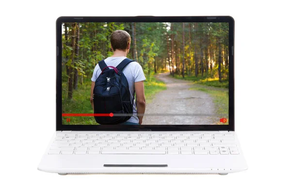 Video Travel Blog Concept Man Backpack Walking Forest Video Laptop — Stock Photo, Image