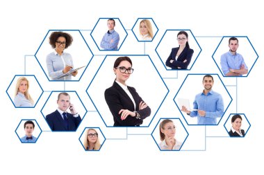 Sosyal medya ve internet kavramı - beyaz arka planda izole edilmiş iş insanlarının portreleri