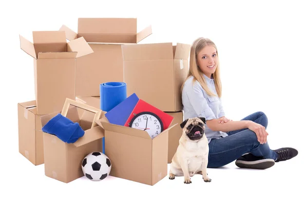 Young Woman Ready Moving Day Isolated White Background — Stock Photo, Image