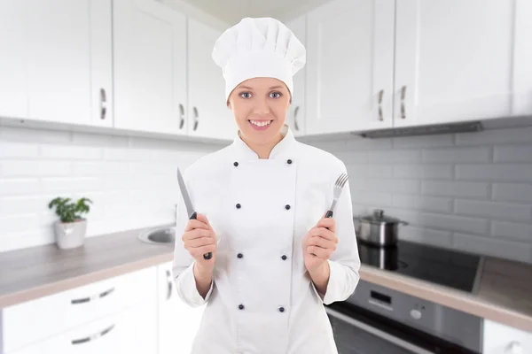 Young Beautiful Woman Chef Uniform Fork Knife Modern Kitchen — Stock Photo, Image