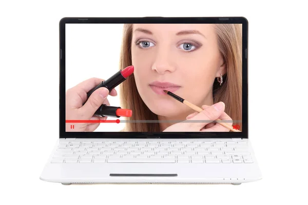 Blog Beleza Vídeo Sobre Maquiagem Aplicando Tela Laptop Isolado Fundo — Fotografia de Stock