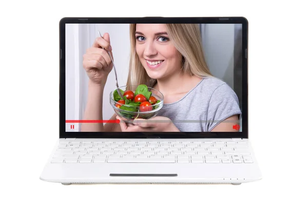 Concepto Blogueo Alimentos Video Sobre Cocina Pantalla Computadora Portátil Aislado —  Fotos de Stock