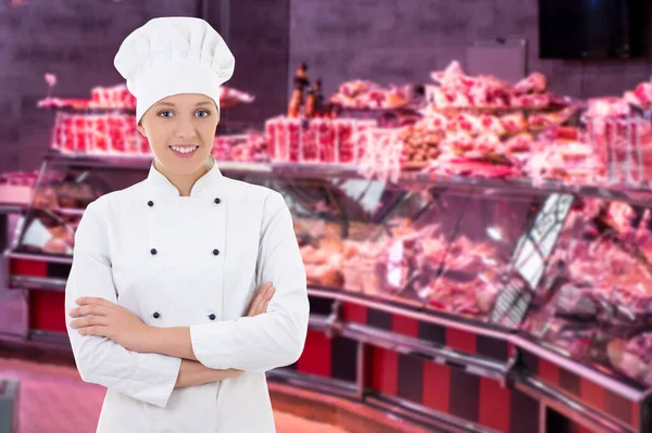 Retrato Açougueiro Feminino Alegre Lojista Cozinheiro Posando Mercado — Fotografia de Stock