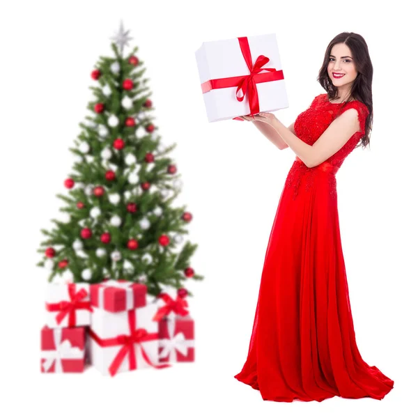 Full Length Portrait Young Beautiful Woman Red Dress Big Gift — Stock Photo, Image