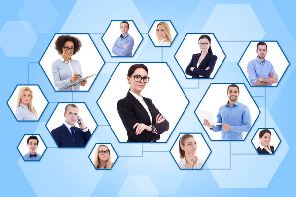 Social Media Internet Concept Portraits Young Business People — Stock Photo, Image