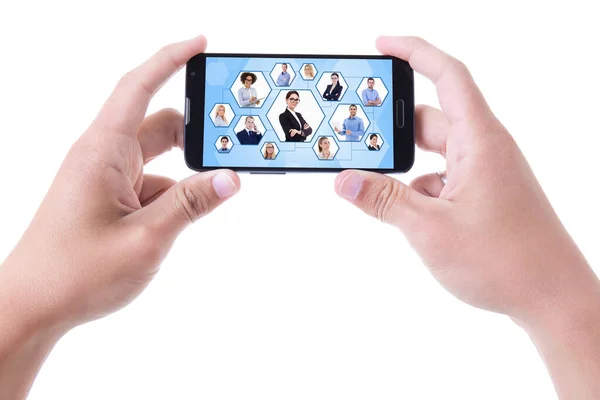 Sociala Nätverk Koncept Händer Som Håller Mobiltelefon Isolerad Vit Bakgrund — Stockfoto
