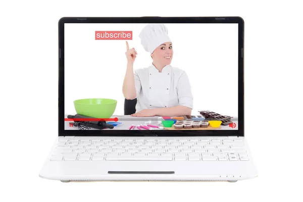 Food Video Blog Concept Woman Making Food Pointing Subscribe Button — Stock Photo, Image