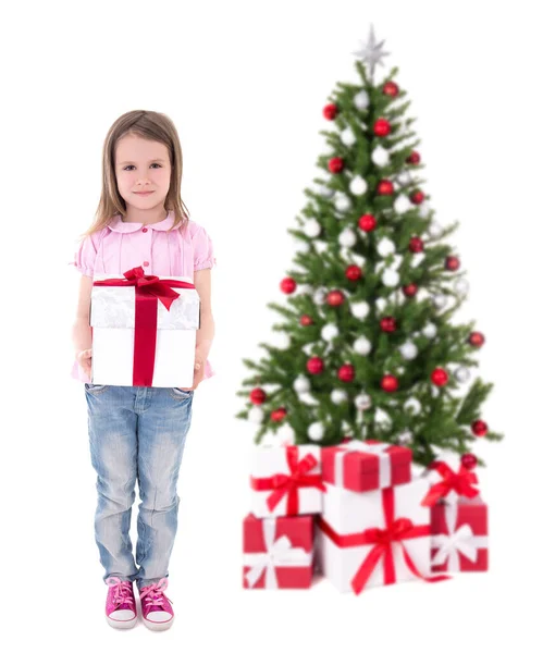 Concetto Natale Carina Bambina Con Scatola Regalo Albero Natale Isolato — Foto Stock