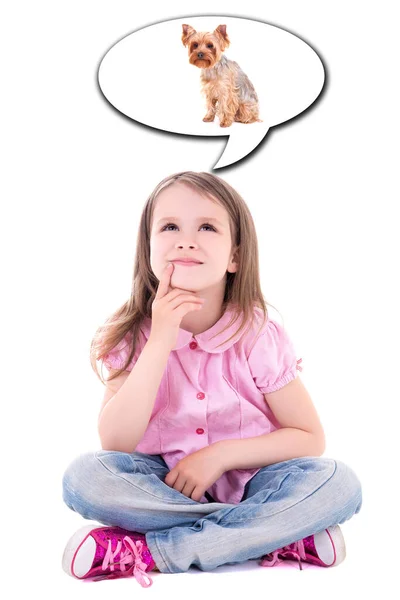 Милая Маленькая Девочка Сидит Мечтает Собаке Изолированы Белом Фоне — стоковое фото