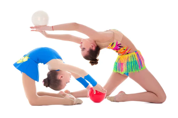 Bela Mulher Esportiva Menina Fazendo Ginástica Com Bolas Isoladas Fundo — Fotografia de Stock