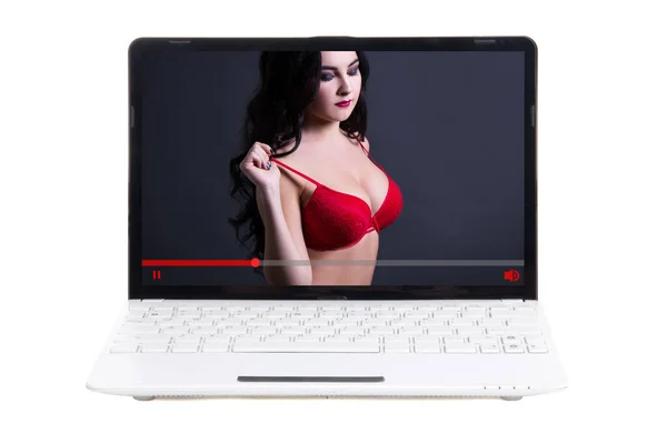 Видео Сексуальной Женщиной Нижнем Белье Экране Ноутбука Изолированы Белом Фоне — стоковое фото