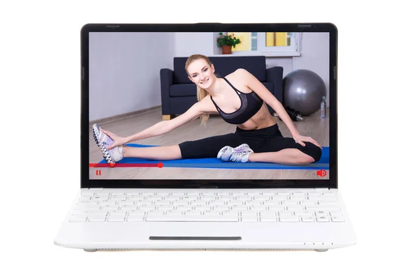 Spor Blogu Konsepti Sportif Kadın Eğitimini Online Olarak Laptop Ekranında — Stok fotoğraf