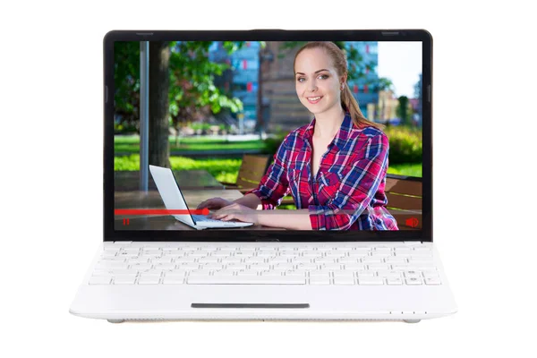 Business Video Blog Concept Laptop Woman Blogger Screen Isolated White — Stock Photo, Image