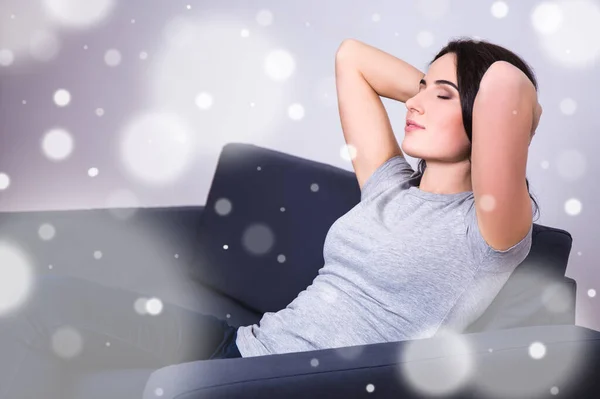 Winter Concept Smiling Young Woman Lying Sofa Home — Stock Photo, Image
