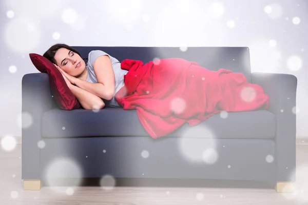 Winter Leisure Concept Young Woman Sleeping Sofa Home — Stock Photo, Image