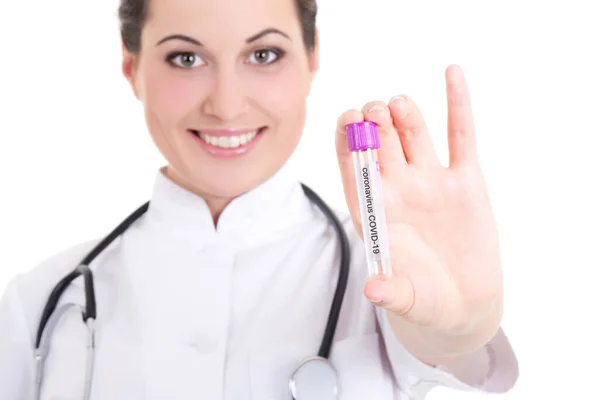 Young Female Doctor Giving Test Tube Coronavirus Convid Sample Isolated — Stock Photo, Image