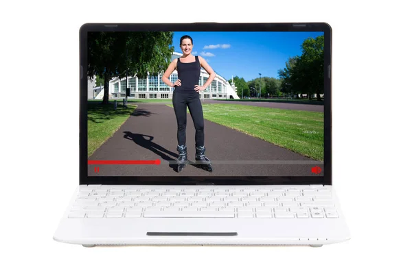 Sport Video Blog Concept Sporty Girl Talking Rollerskating Video Laptop — Stock Photo, Image