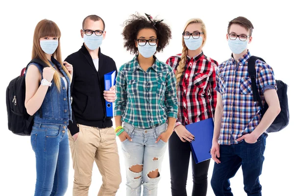 Conceito Pandemia Cuidados Saúde Educação Grande Conjunto Adolescentes Estudantes Máscaras — Fotografia de Stock